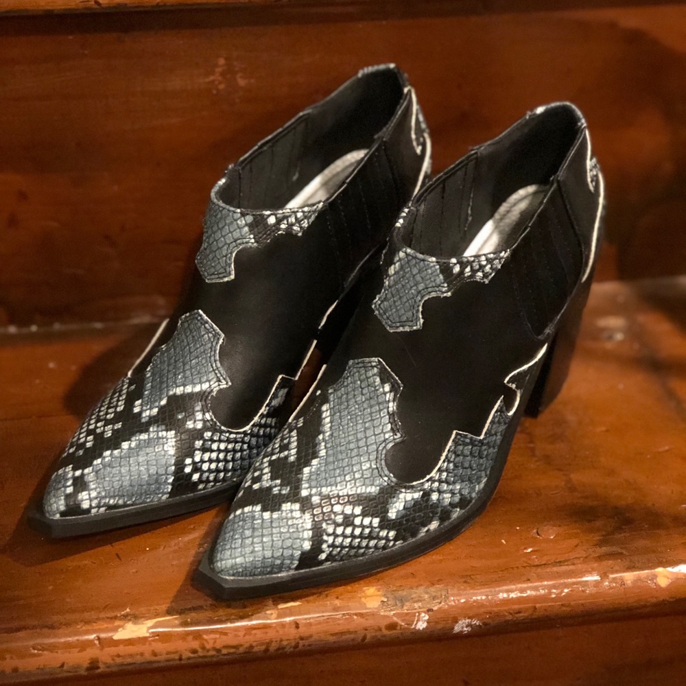 Faux Blue Snakeskin Heeled Booties
